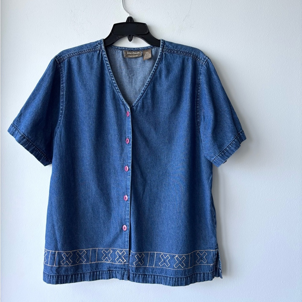 Vintage Jane Ashley Shirt Button Up Denim Embroidered V-Neck XL Western Cottage